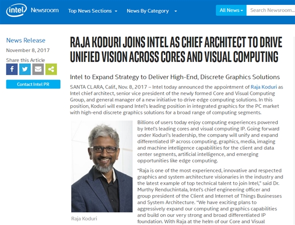 Intel宣布AMD前首席架构师Raja正式加盟：研发顶级独显