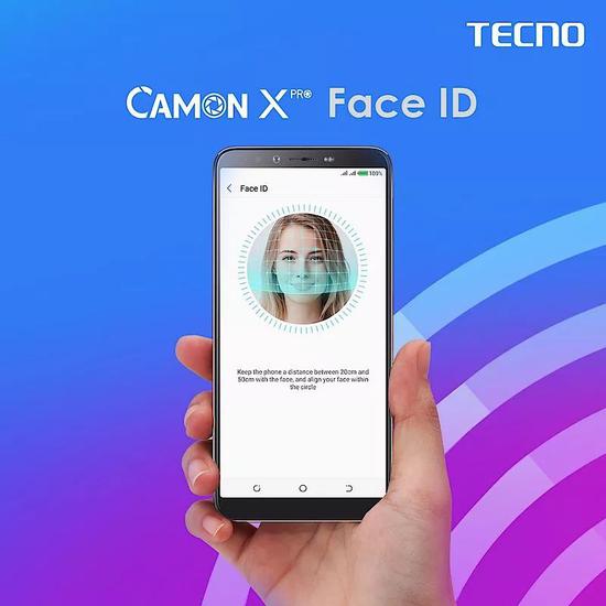 Tecno推出的Face ID宣传图，主要用于在点亮屏幕时解锁手机，具有50ms的识别速度