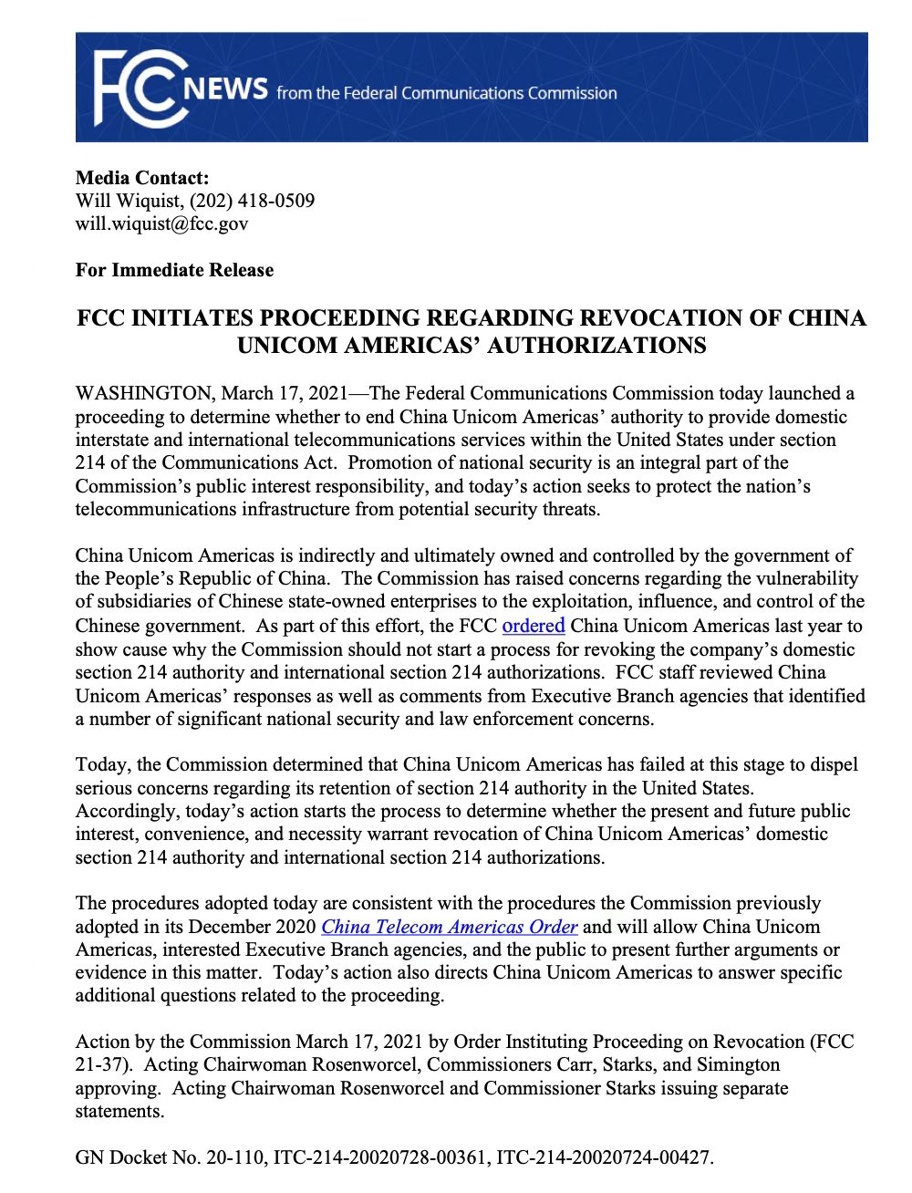 美国FCC拟禁止中国联通在美运营！官方回应来了
