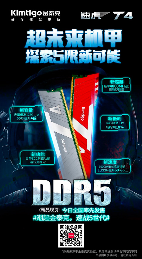 金泰克速虎T4 DDR5内存正式发售：大容量、高频率、低功耗